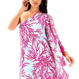 LILLY PULITZER SIZE 0 MARLEE ONE-SHOULDER SILK DRESS UNDERWATER ESCAPE.